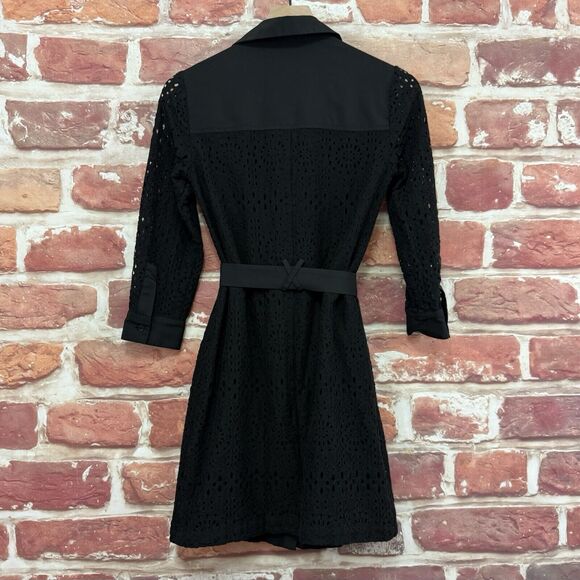 Cece Dress Women's Size 0 Black Embroidered Floral Lace Tie Waist Button Front - Picture 2 of 8